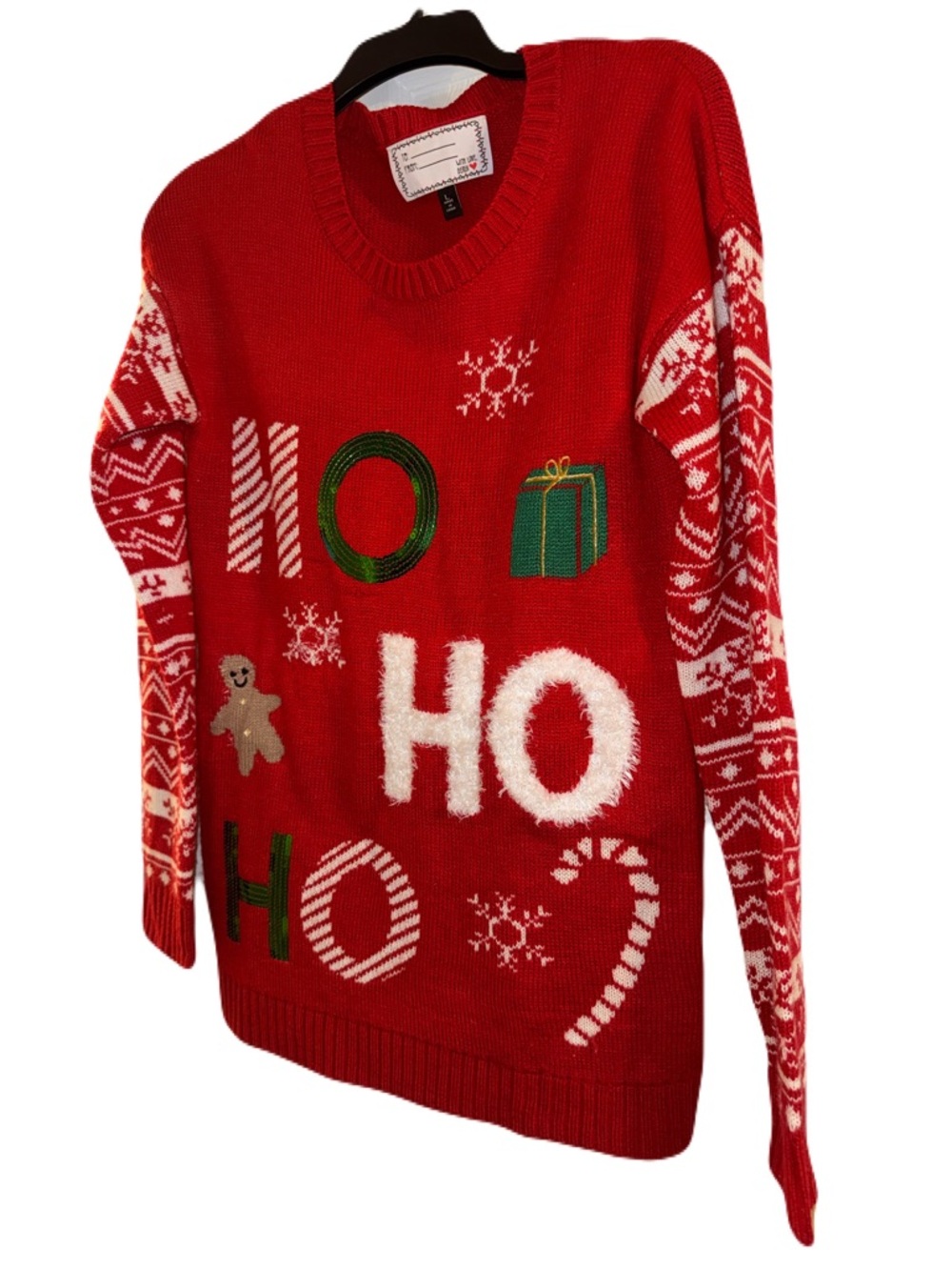 Red 'HO HO HO' Holiday Sweater with Festive Motifs